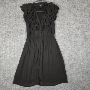 H&M Black Ruffle Front Fit & Flare Dress  Flutter Sleeve Women’s Size 6